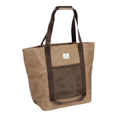 Tan tote bag with brown straps and a mesh front pocket, featuring a small white "Snow Peak" logo.
