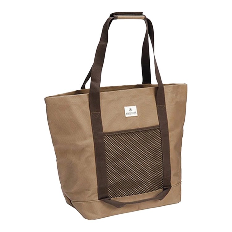 Tan tote bag with brown straps and a mesh front pocket, featuring a small white "Snow Peak" logo.