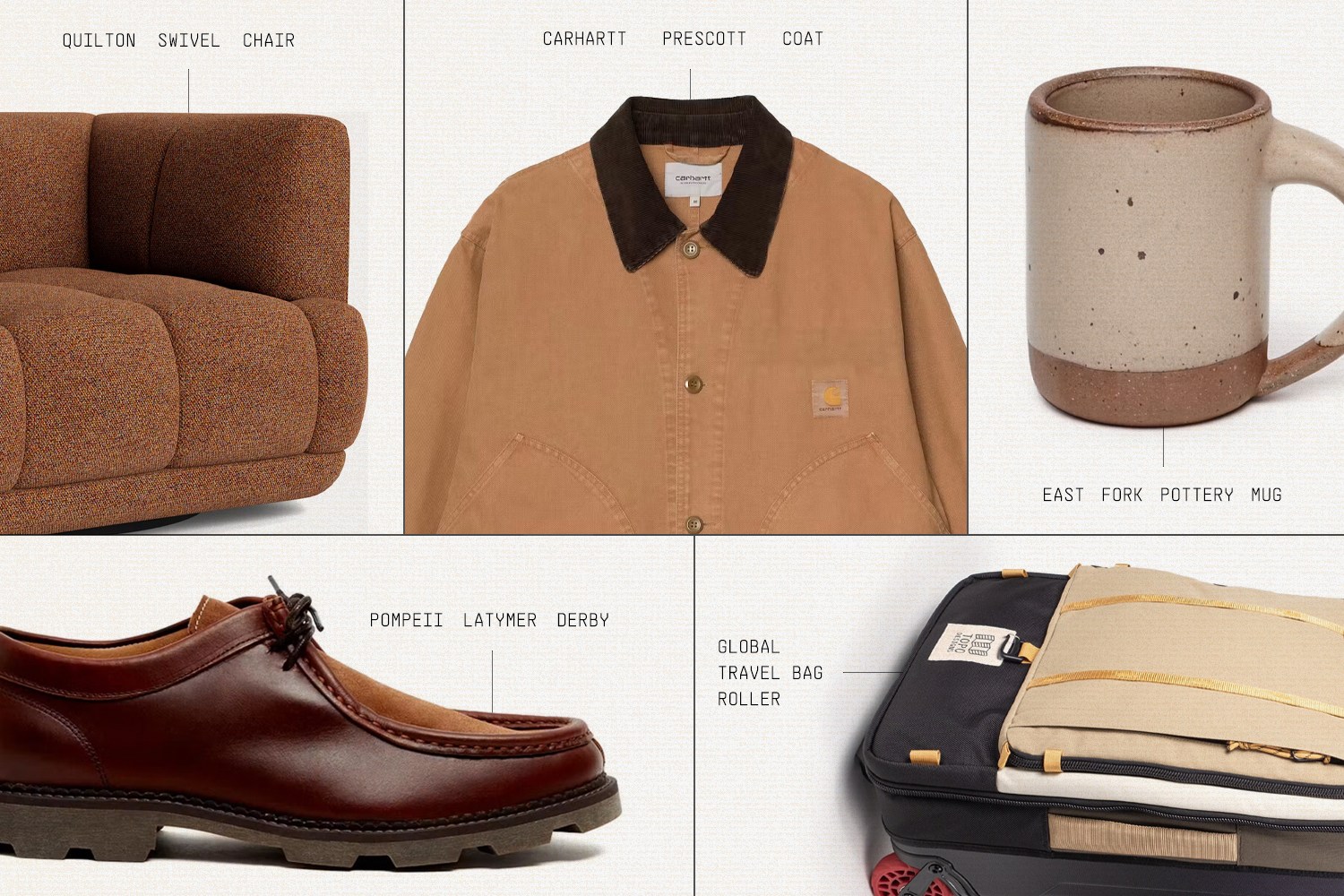 A collage of a brown swivel chair, a Carhartt coat, a speckled pottery mug, brown leather shoes, and a travel bag.