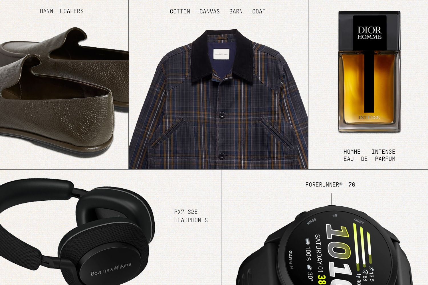 A grid of five products: brown loafers, a plaid jacket, Dior Homme cologne, Bowers & Wilkins headphones, and a Garmin smartwatch.