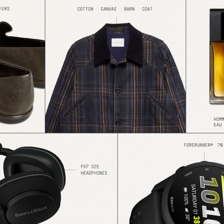 A grid of five products: brown loafers, a plaid jacket, Dior Homme cologne, Bowers & Wilkins headphones, and a Garmin smartwatch.