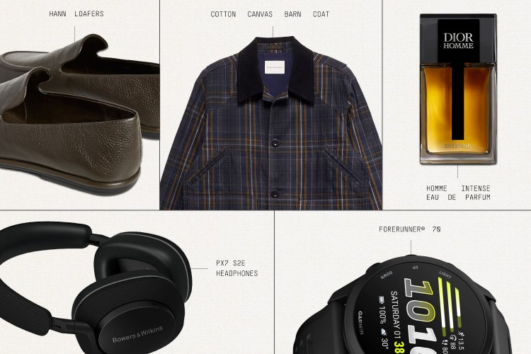 A grid of five products: brown loafers, a plaid jacket, Dior Homme cologne, Bowers & Wilkins headphones, and a Garmin smartwatch.