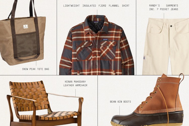A collage of five outdoor-themed items: a tote bag, plaid flannel shirt, cream pants, leather armchair, and duck boot.