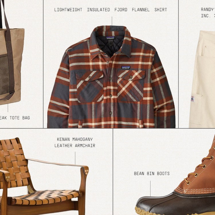 A collage of five outdoor-themed items: a tote bag, plaid flannel shirt, cream pants, leather armchair, and duck boot.