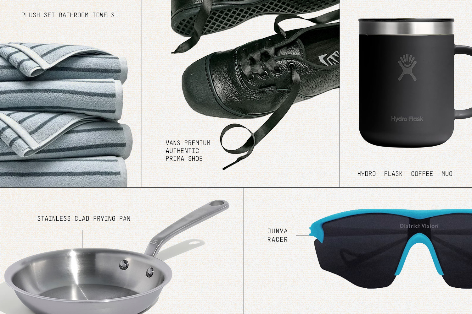 A collage of five products: striped towels, black Vans shoes, a black Hydro Flask mug, a stainless steel frying pan, and blue and black sunglasses.
