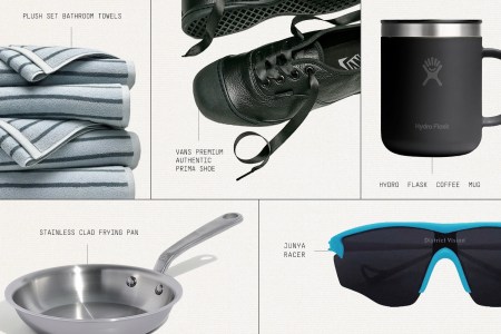 A collage of five products: striped towels, black Vans shoes, a black Hydro Flask mug, a stainless steel frying pan, and blue and black sunglasses.