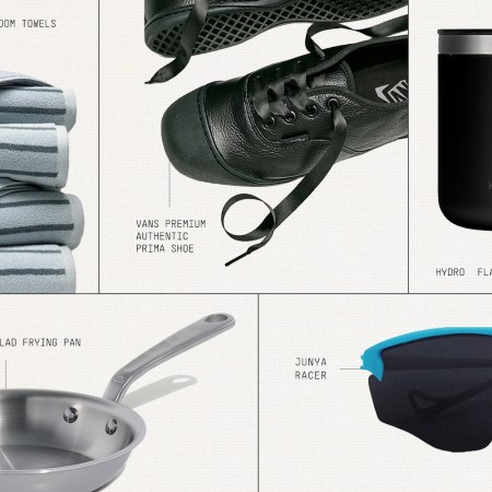 A collage of five products: striped towels, black Vans shoes, a black Hydro Flask mug, a stainless steel frying pan, and blue and black sunglasses.
