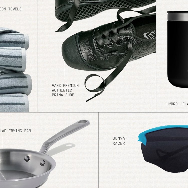 A collage of five products: striped towels, black Vans shoes, a black Hydro Flask mug, a stainless steel frying pan, and blue and black sunglasses.