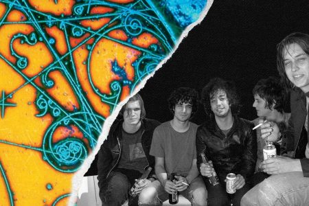 Torn image: Left, a vibrant blue and orange abstract pattern. Right, a black and white photo of five young men holding drinks.