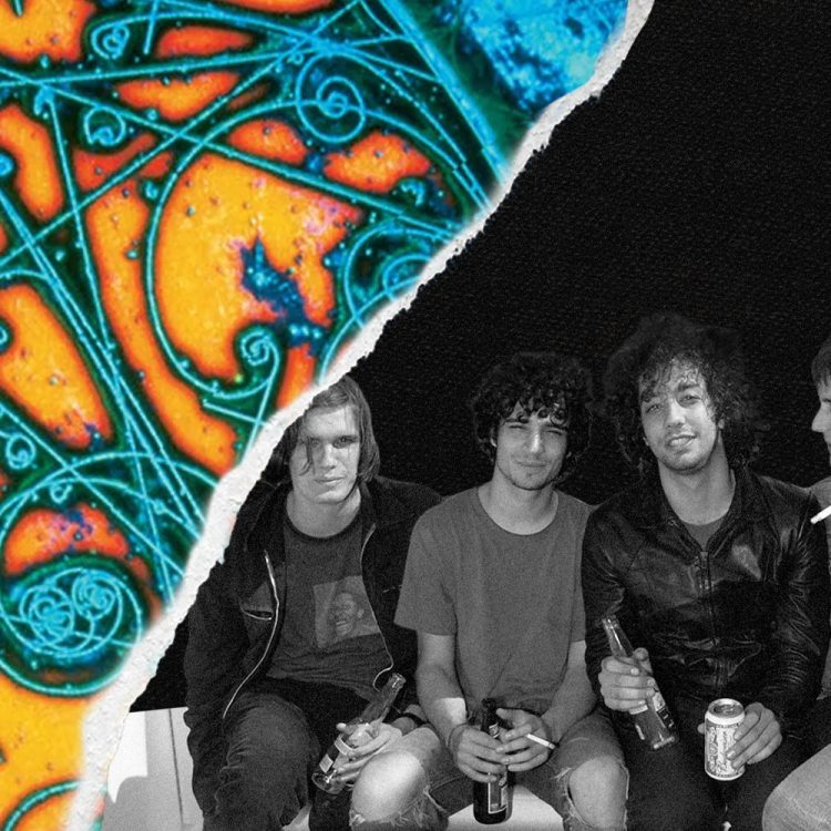 Torn image: Left, a vibrant blue and orange abstract pattern. Right, a black and white photo of five young men holding drinks.