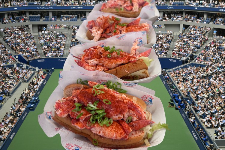 a row of lobster rolls in paper boats collaged over the top of a tennis stadium