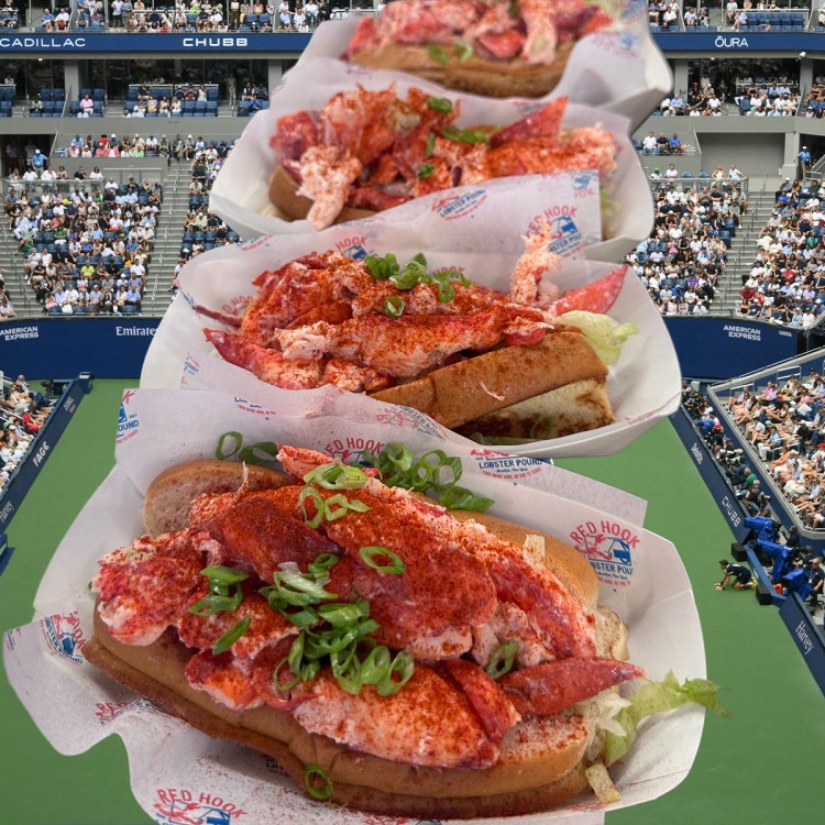 a row of lobster rolls in paper boats collaged over the top of a tennis stadium