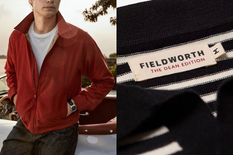 Man in a red jacket leaning on a car, beside a close-up of a "FIELDWORTH THE DEAN EDITION" clothing tag.