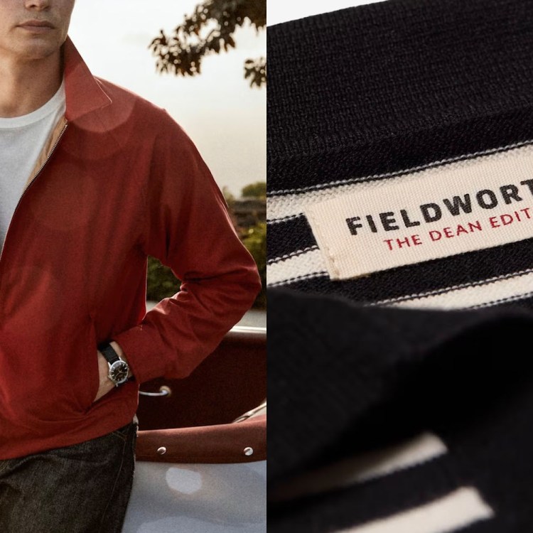 Man in a red jacket leaning on a car, beside a close-up of a "FIELDWORTH THE DEAN EDITION" clothing tag.