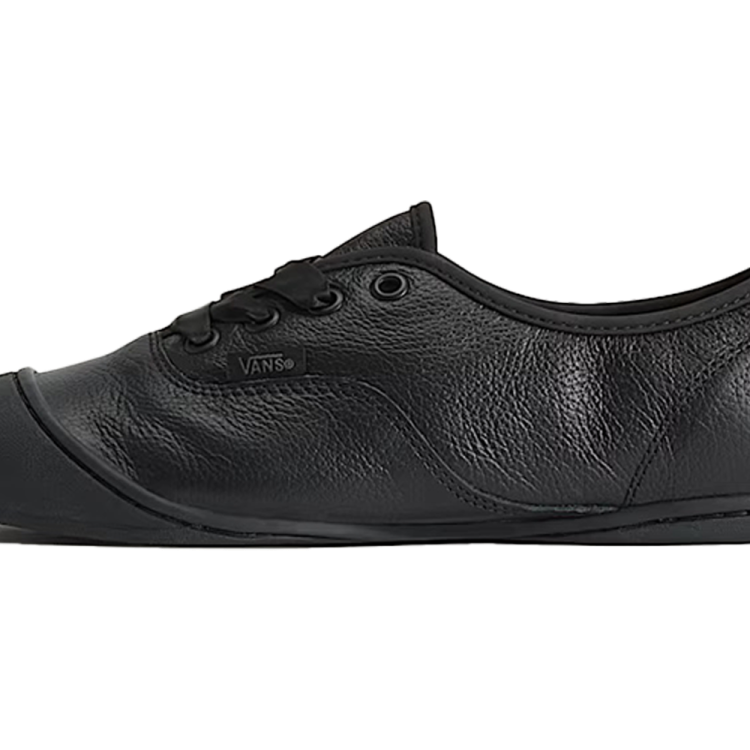 A black leather Vans sneaker with black laces, a black rubber toe cap, and a black Vans logo on the side.