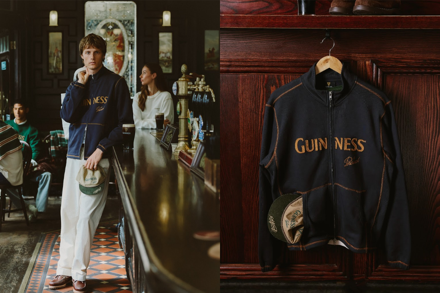 A Guinness jacket hanging and on a model.