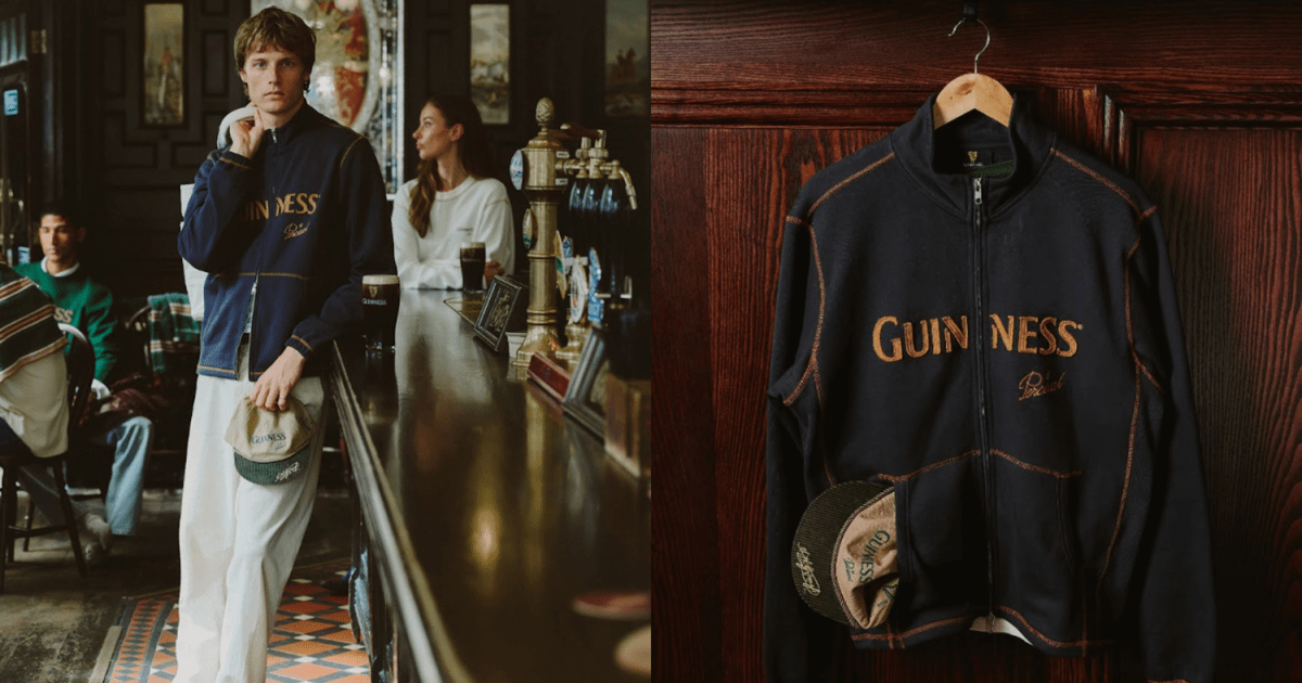 A Guinness jacket hanging and on a model.