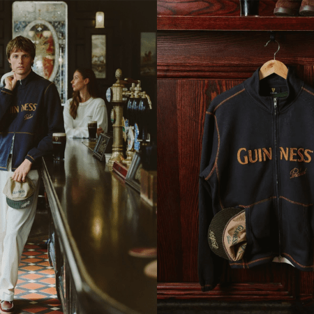 A Guinness jacket hanging and on a model.
