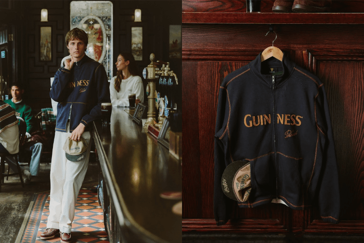 A Guinness jacket hanging and on a model.