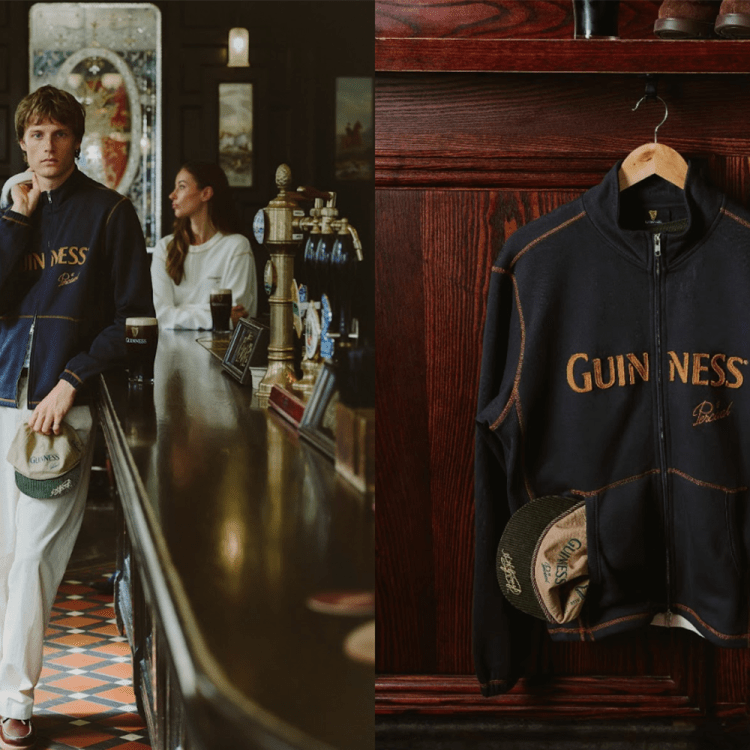 A Guinness jacket hanging and on a model.