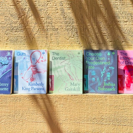 Five books with colorful, illustrated covers stand upright against a textured yellow wall, casting shadows.