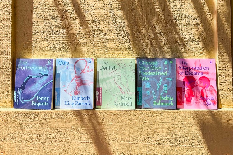 Five books with colorful, illustrated covers stand upright against a textured yellow wall, casting shadows.