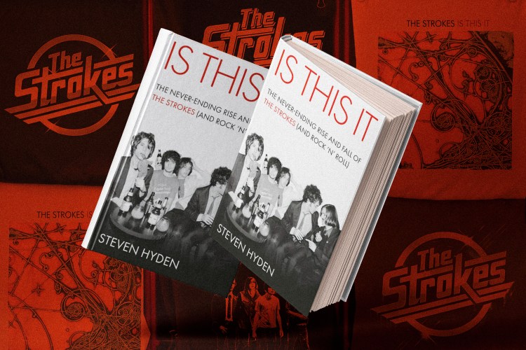 Two copies of Steven Hyden's book "Is This It" with The Strokes album art and band logo in the background.