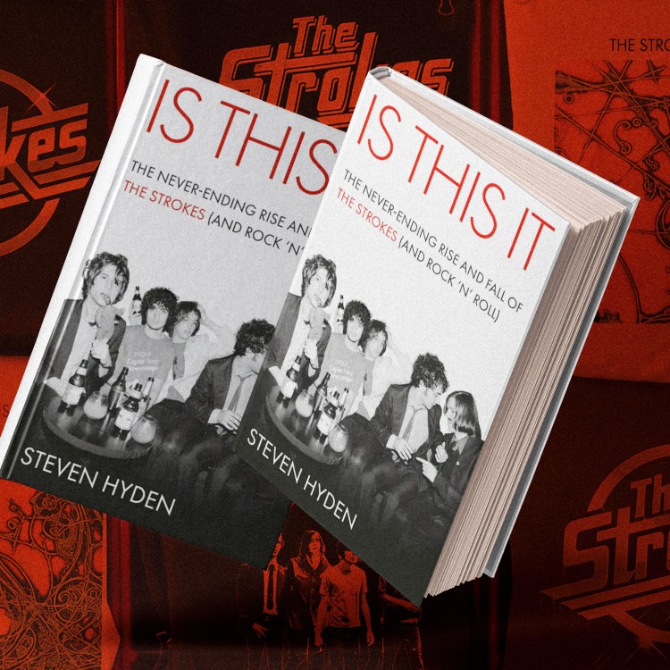 Two copies of Steven Hyden's book "Is This It" with The Strokes album art and band logo in the background.