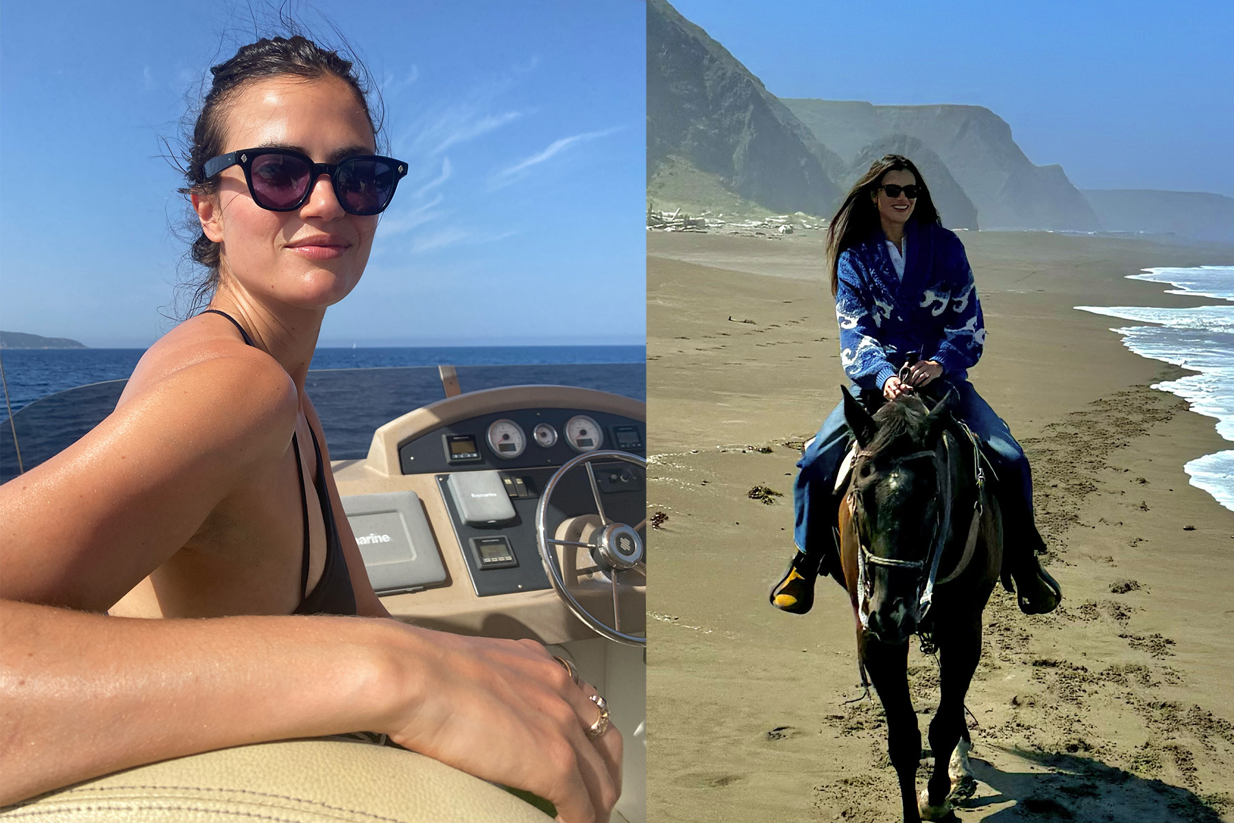 Split image: Woman in sunglasses on a boat, and a woman on horseback on a beach with mountains.