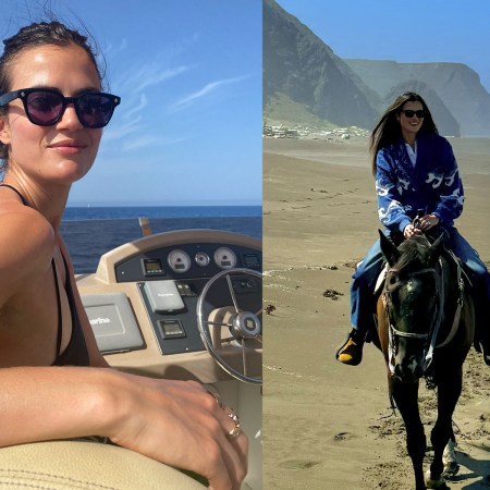 Split image: Woman in sunglasses on a boat, and a woman on horseback on a beach with mountains.