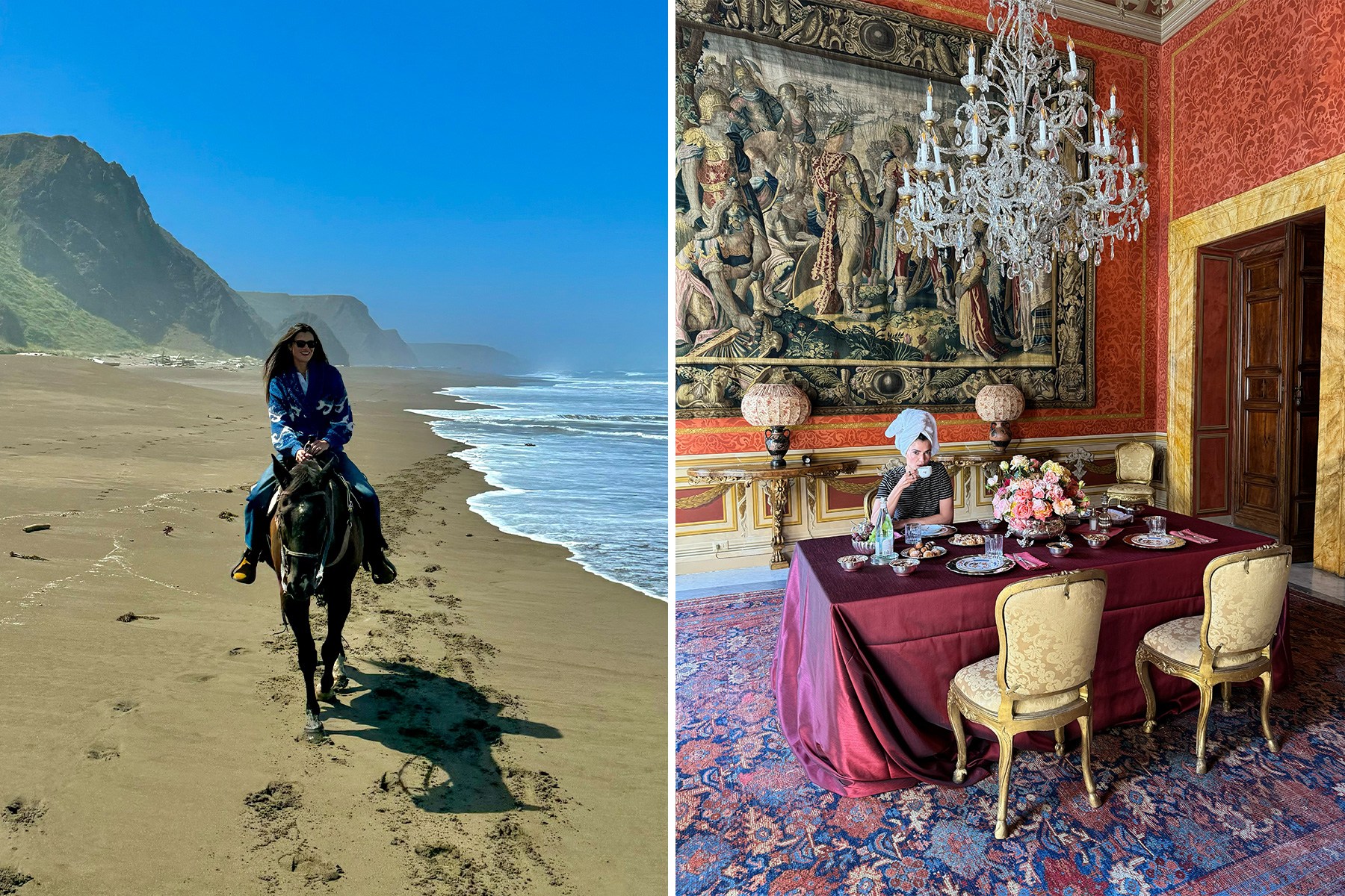 split image of woman horseback on the beach and woman sipping coffee