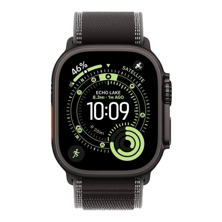 Black Apple Watch Ultra with a dark gray band, displaying time, battery, satellite, and activity data in green.
