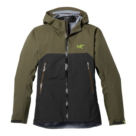 Arc'teryx Beta AR jacket in olive green and black, with a neon green logo on the chest.