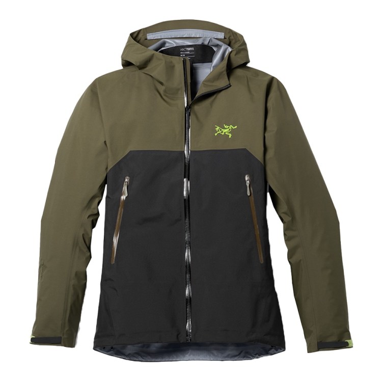 Arc'teryx Beta AR jacket in olive green and black, with a neon green logo on the chest.