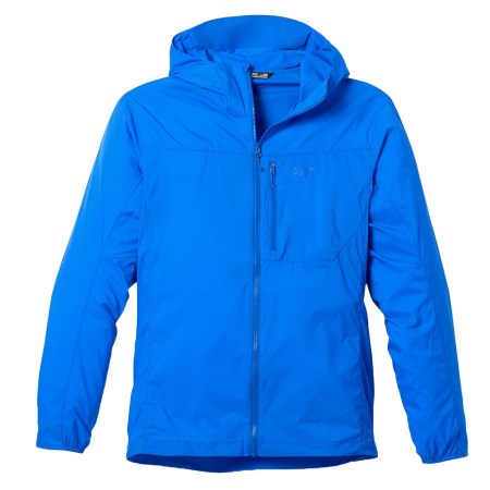 A bright blue hooded jacket with a full zipper, chest pocket, and the Arc'teryx logo.