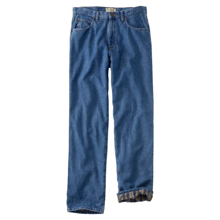 Blue denim jeans with a plaid flannel lining visible at the cuff of the right pant leg.