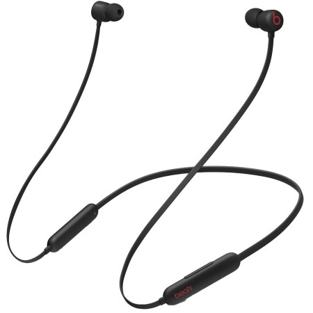Black Beats Flex wireless earbuds with a red "beats" logo on the right earbud, arranged in an S-shape.