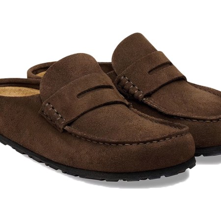 Pair of brown suede loafer slippers with black soles and light brown fleece lining.