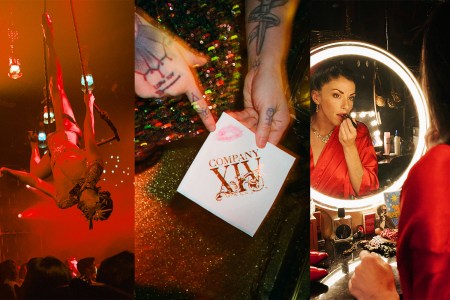 a triptych of a man upside down on a trapeze, a company XIV napkin with a lipstick mark and a brunette woman in a red robe applying red lipstick