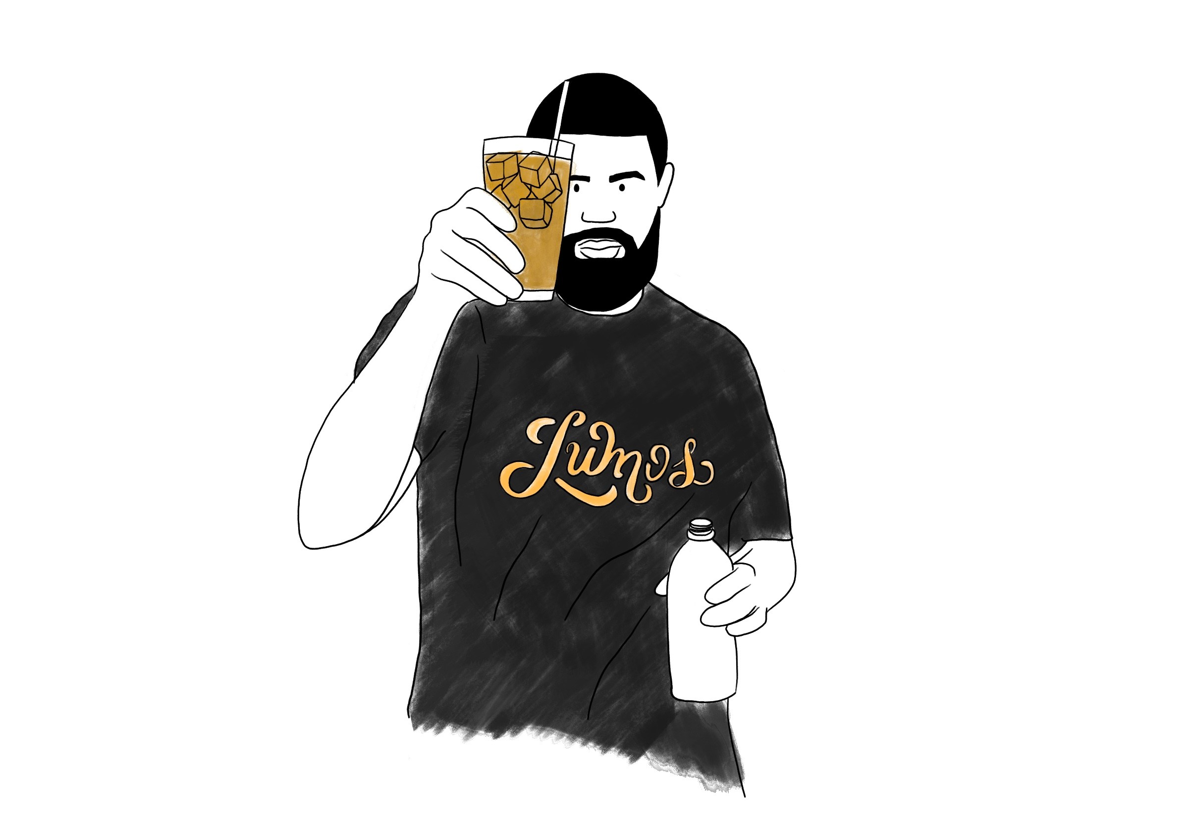 Illustration of a bearded man in a black t-shirt holding up a glass of iced coffee and a bottle.