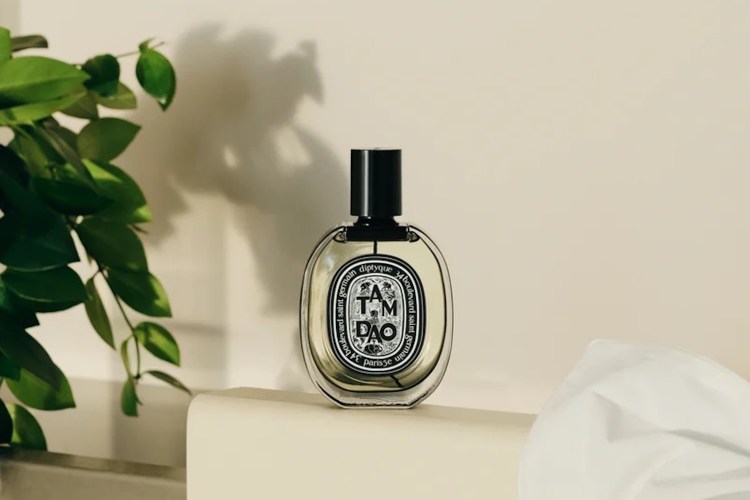 Diptyque Tam Dao perfume bottle with a black cap and label, light liquid, next to green leaves and a white cloth.