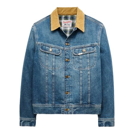 Blue denim jacket with a tan corduroy collar and a plaid lining visible at the neck.
