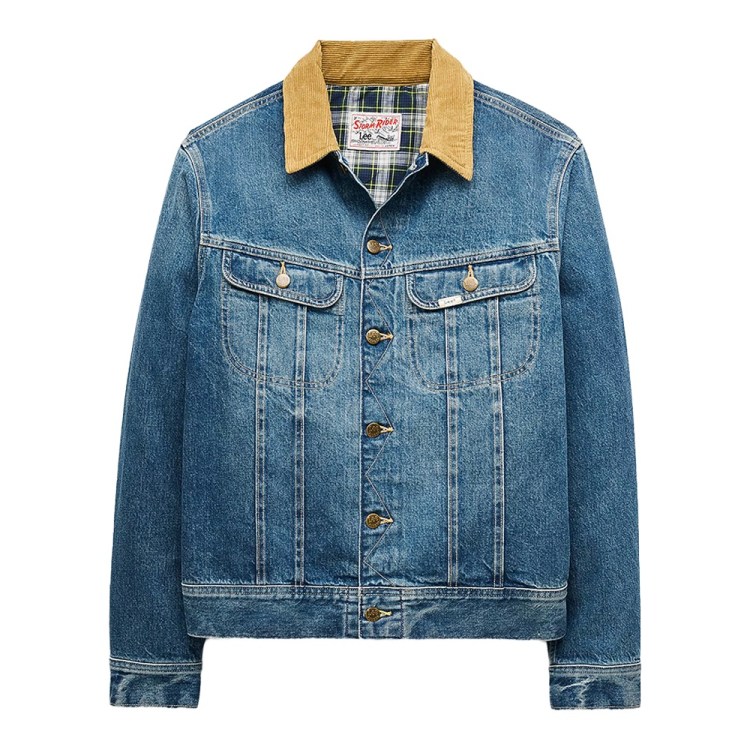 Blue denim jacket with a tan corduroy collar and a plaid lining visible at the neck.
