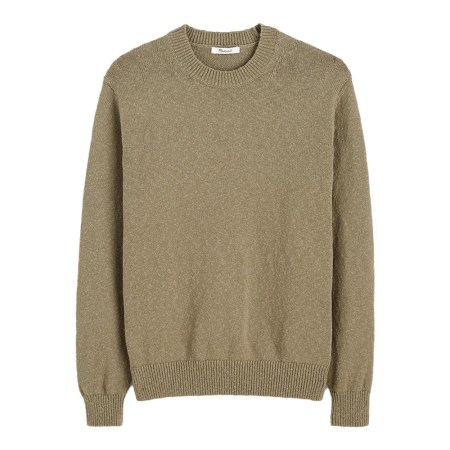 Olive green crewneck sweater with a subtle textured knit, ribbed collar, cuffs, and hem.