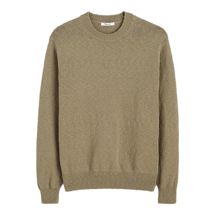 Olive green crewneck sweater with a subtle textured knit, ribbed collar, cuffs, and hem.