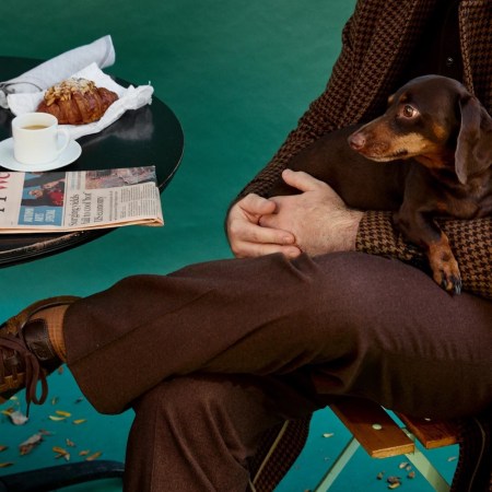 A person in a houndstooth coat holds a dachshund while sitting at a table with coffee, a croissant, and a newspaper.