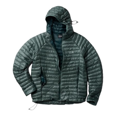 A dark green hooded puffer jacket with a zipper and two zippered pockets, laid flat.