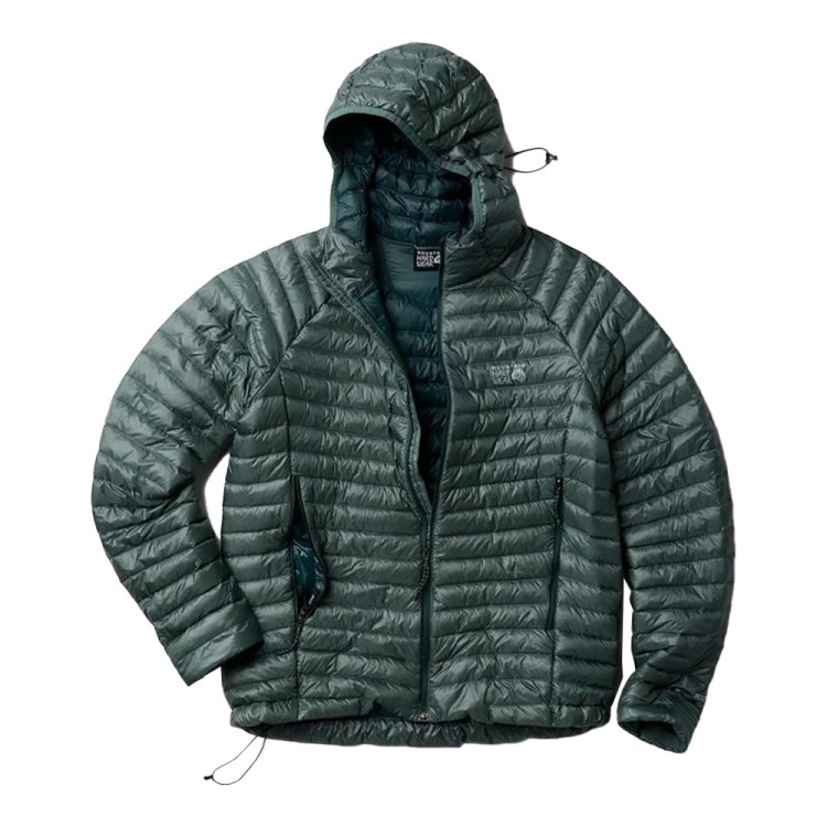 A dark green hooded puffer jacket with a zipper and two zippered pockets, laid flat.