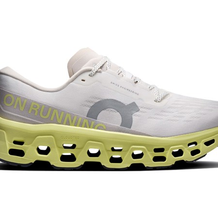 White and neon yellow On Running shoe with "ON RUNNING" text and "CloudTec" cushioning on the sole.