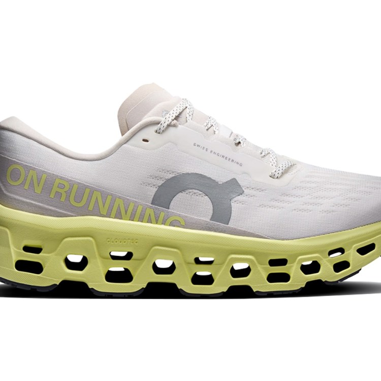 White and neon yellow On Running shoe with "ON RUNNING" text and "CloudTec" cushioning on the sole.